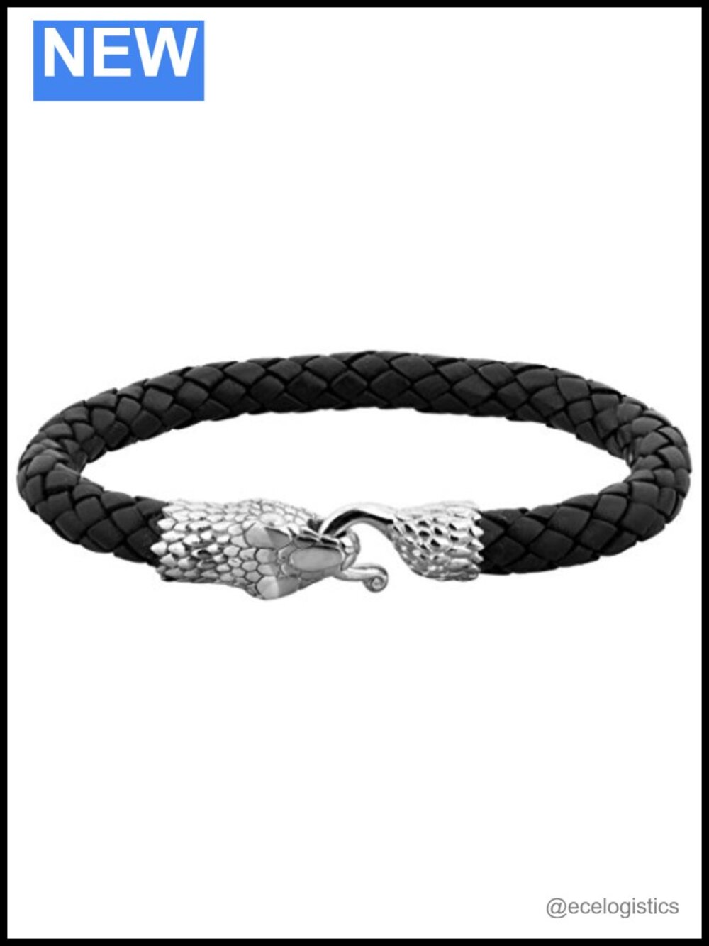 Men's Leather Braided Bracelet with Snake Head Sterling Silver Clasp